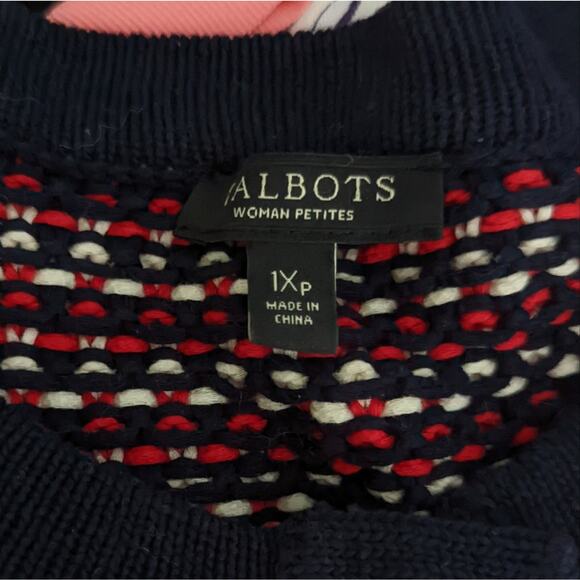Women's Talbot's Woven Sweater Cardigan Navy Red White Heavy Pockets 1X Petite - Picture 2 of 7